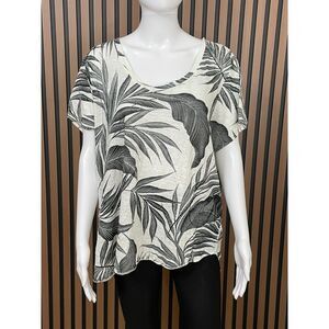 Tahari Women's 1X White Blouse Linen Top Tropical Leaf Beach Vacation Summer